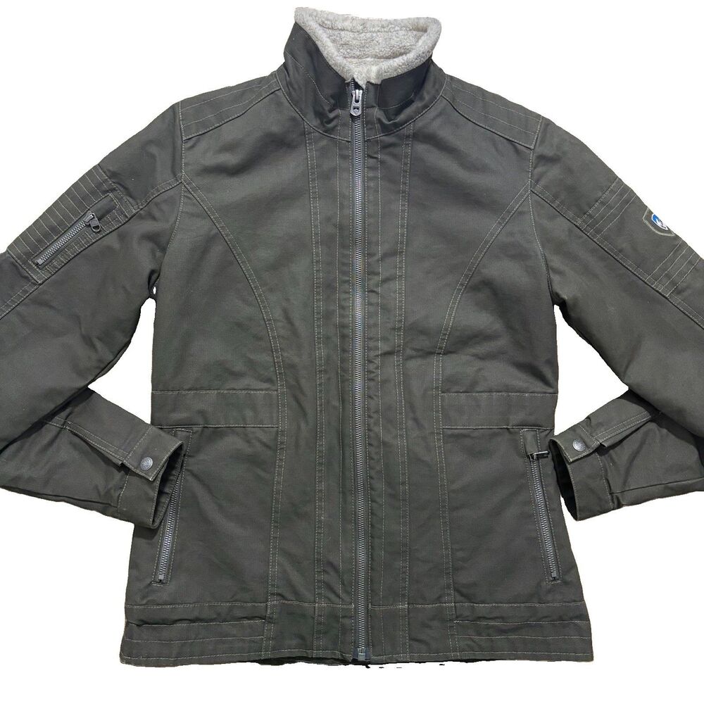 KÜHL Burr Lined Jacket Women’s Small Olive Canvas Sherpa Collar Quilted Lining